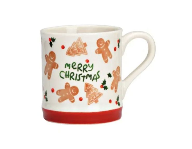 Tasse porcelaine blanche pain d'épices "Merry Christmas" bonhommes sapins houx bande rouge 350ml