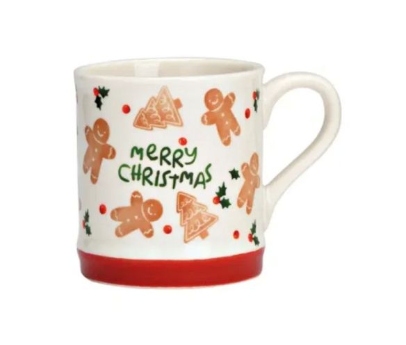 Tasse porcelaine blanche pain d'épices "Merry Christmas" bonhommes sapins houx bande rouge 350ml