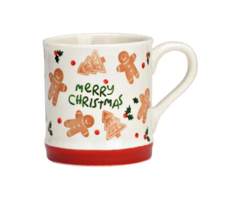 Tasse porcelaine blanche pain d'épices "Merry Christmas" bonhommes sapins houx bande rouge 350ml