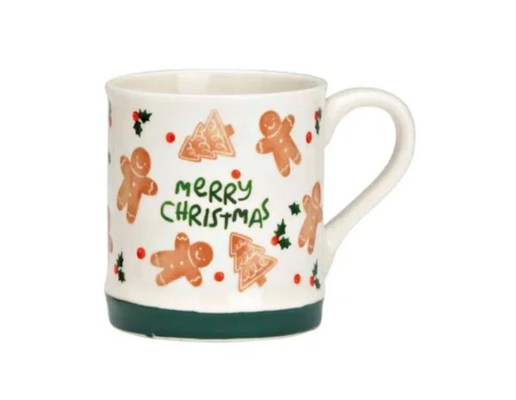 Tasse porcelaine blanche pain d'épices "Merry Christmas" bonhommes sapins houx bande verte 350ml