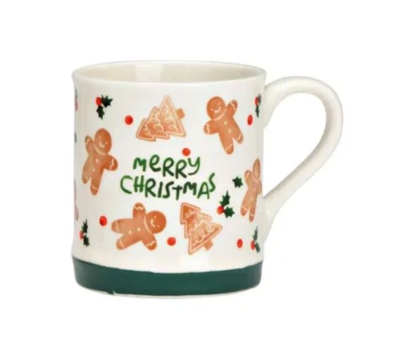 Tasse porcelaine blanche pain d'épices "Merry Christmas" bonhommes sapins houx bande verte 350ml