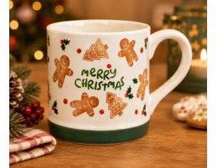 Tasse porcelaine blanche pain d'épices "Merry Christmas" bonhommes sapins houx bande verte 350ml