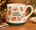 Voir la slide Tasse porcelaine blanche pain d'épices "Merry Christmas" bonhommes sapins houx bande verte 350ml