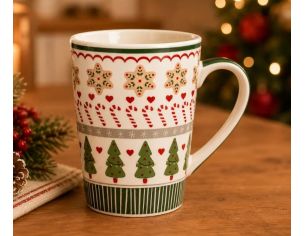 Mug XL porcelaine blanc vert sapins étoiles pain d'épices sucres d'orge cœurs rayures 520ml