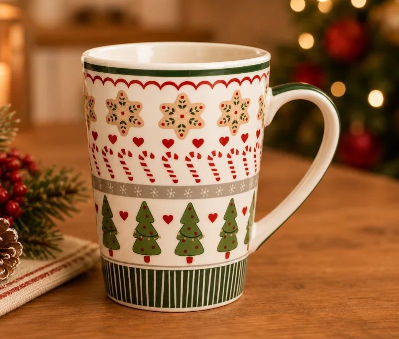 Mug XL porcelaine blanc vert sapins étoiles pain d'épices sucres d'orge cœurs rayures 520ml