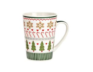 Mug XL porcelaine blanc vert sapins étoiles pain d'épices sucres d'orge cœurs rayures 520ml