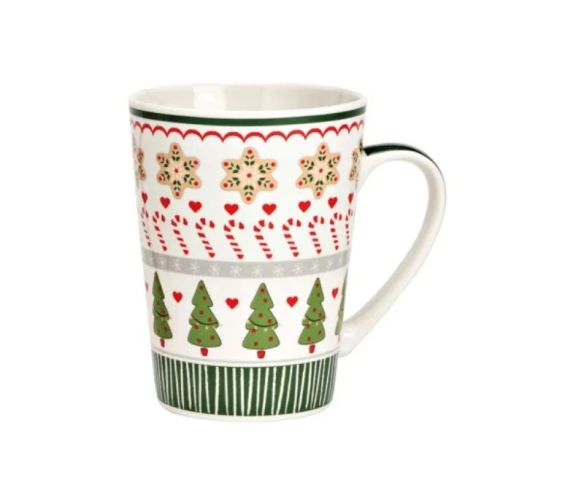 Mug XL porcelaine blanc vert sapins étoiles pain d'épices sucres d'orge cœurs rayures 520ml