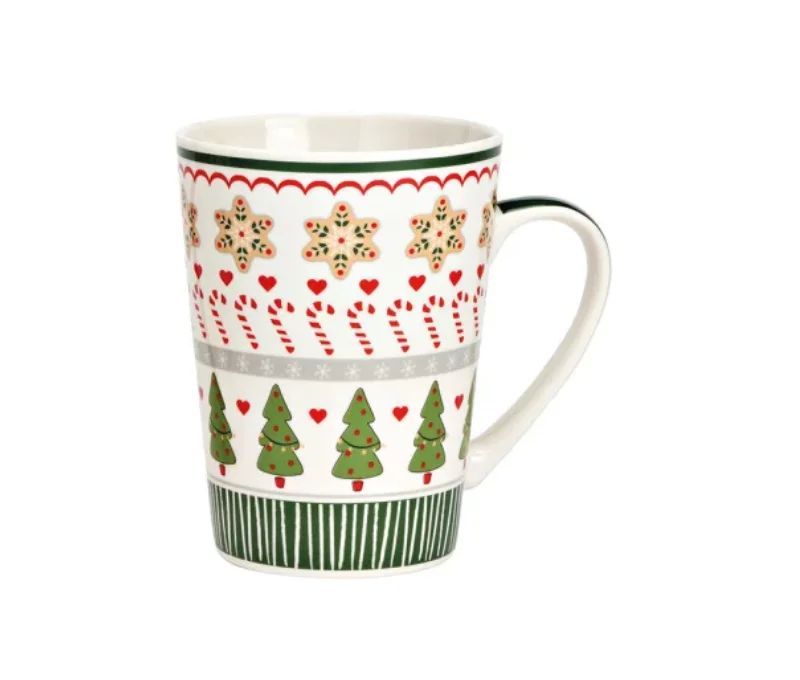 Mug XL porcelaine blanc vert sapins étoiles pain d'épices sucres d'orge cœurs rayures 520ml