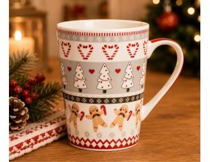 Mug XL porcelaine blanc rouge gris bonhommes pain d'épices sapins blancs cœurs sucres d'orge 520ml