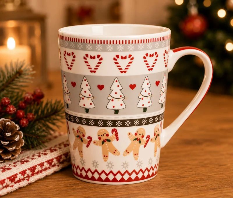 Mug XL porcelaine blanc rouge gris bonhommes pain d'épices sapins blancs cœurs sucres d'orge 520ml