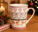 Voir la slide Mug XL porcelaine blanc rouge gris bonhommes pain d'épices sapins blancs cœurs sucres d'orge 520ml