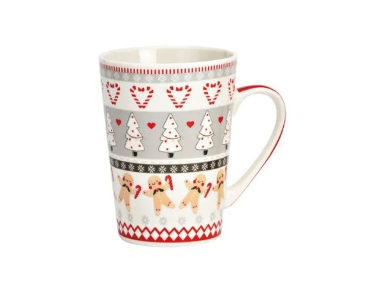 Mug XL porcelaine blanc rouge gris bonhommes pain d'épices sapins blancs cœurs sucres d'orge 520ml