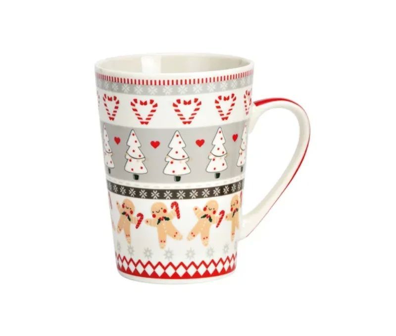 Mug XL porcelaine blanc rouge gris bonhommes pain d'épices sapins blancs cœurs sucres d'orge 520ml