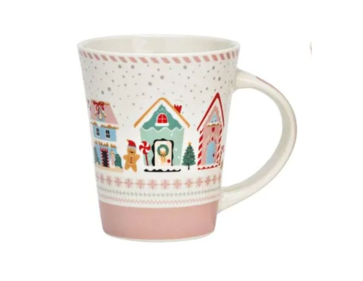 Tasse porcelaine blanc rose pastel village Noël maisons colorées bonhomme pain d'épices sapins flocons 350ml