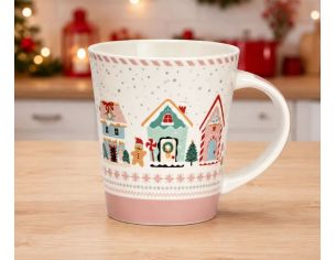 Tasse porcelaine blanc rose pastel village Noël maisons colorées bonhomme pain d'épices sapins flocons 350ml