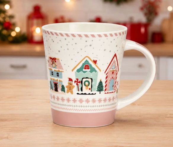 Tasse porcelaine blanc rose pastel village Noël maisons colorées bonhomme pain d'épices sapins flocons 350ml