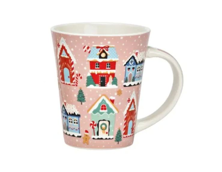 Tasse porcelaine rose fond maisons Noël colorées enneigées bonhomme pain d'épices sapins flocons 350ml