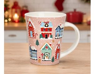 Tasse porcelaine rose fond maisons Noël colorées enneigées bonhomme pain d'épices sapins flocons 350ml