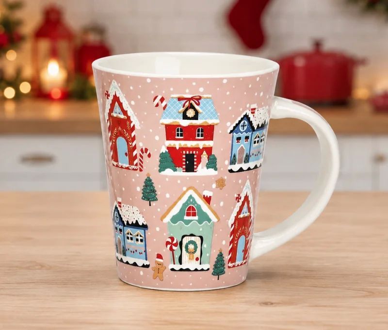 Tasse porcelaine rose fond maisons Noël colorées enneigées bonhomme pain d'épices sapins flocons 350ml