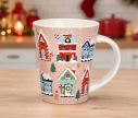 Voir la slide Tasse porcelaine rose fond maisons Noël colorées enneigées bonhomme pain d'épices sapins flocons 350ml