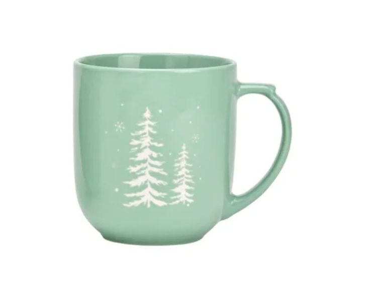 Tasse XXL porcelaine vert pastel motif sapins blancs enneigés étoiles hiver 820ml