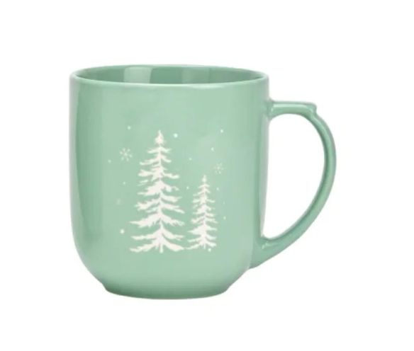 Tasse XXL porcelaine vert pastel motif sapins blancs enneigés étoiles hiver 820ml