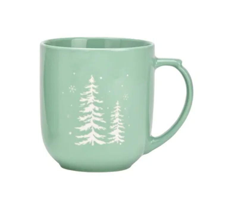 Tasse XXL porcelaine vert pastel motif sapins blancs enneigés étoiles hiver 820ml