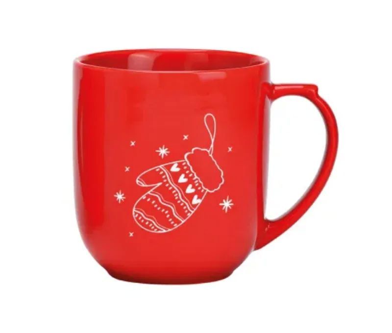 Tasse XXL porcelaine rouge motif gant de Noël blanc cœurs étoiles hiver 820ml