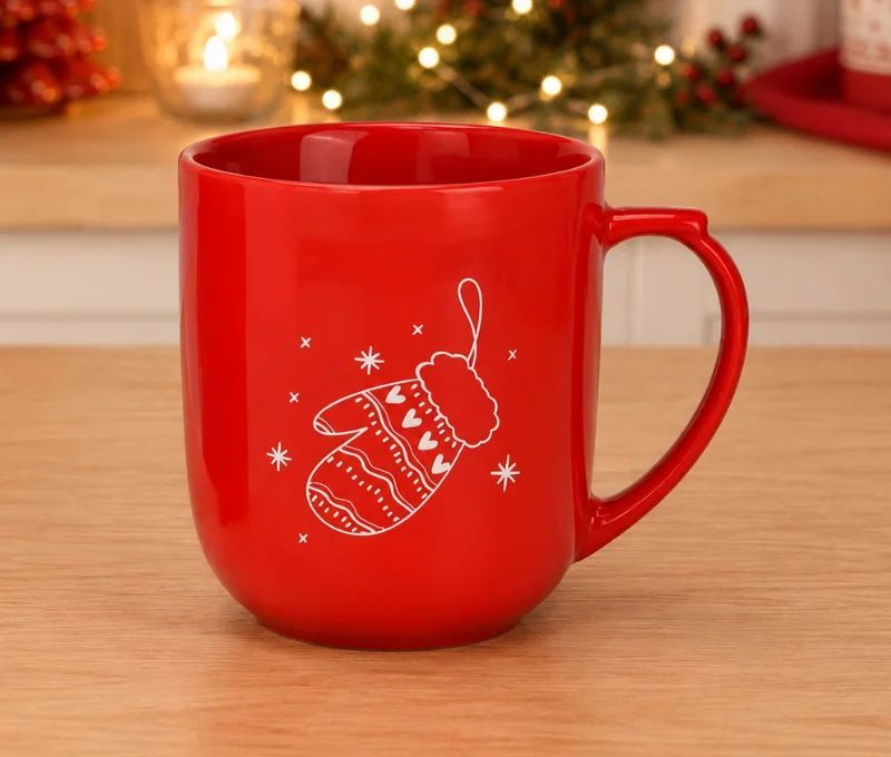 Tasse XXL porcelaine rouge motif gant de Noël blanc cœurs étoiles hiver 820ml