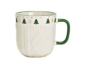 Tasse porcelaine blanche relief tricot 3D frise sapins verts cœurs dorés flocons anse verte Noël 345ml