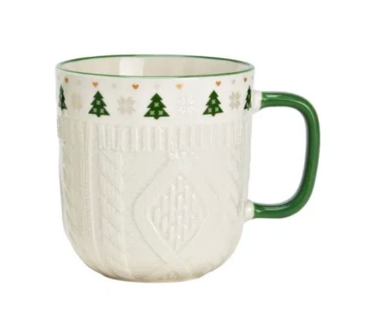 Tasse porcelaine blanche relief tricot 3D frise sapins verts cœurs dorés flocons anse verte Noël 345ml