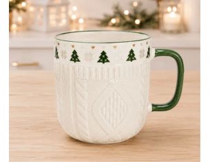 Tasse porcelaine blanche relief tricot 3D frise sapins verts cœurs dorés flocons anse verte Noël 345ml