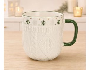 Tasse porcelaine blanche relief tricot 3D frise flocons verts cœurs dorés anse verte Noël 345ml