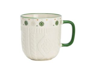 Tasse porcelaine blanche relief tricot 3D frise flocons verts cœurs dorés anse verte Noël 345ml