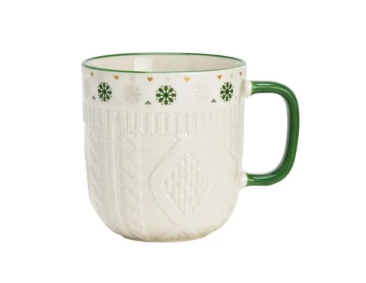 Tasse porcelaine blanche relief tricot 3D frise flocons verts cœurs dorés anse verte Noël 345ml