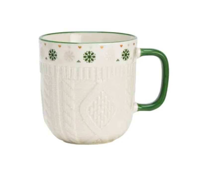 Tasse porcelaine blanche relief tricot 3D frise flocons verts cœurs dorés anse verte Noël 345ml