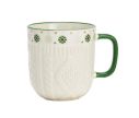 Voir la slide Tasse porcelaine blanche relief tricot 3D frise flocons verts cœurs dorés anse verte Noël 345ml