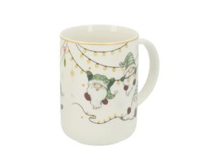 Grande tasse porcelaine blanche lutins Noël verts guirlande lumineuse dorée étoiles liseré doré 580ml