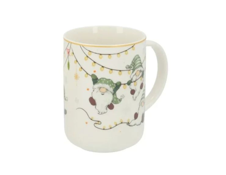 Grande tasse porcelaine blanche lutins Noël verts guirlande lumineuse dorée étoiles liseré doré 580ml
