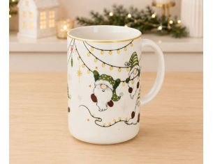 Grande tasse porcelaine blanche lutins Noël verts guirlande lumineuse dorée étoiles liseré doré 580ml