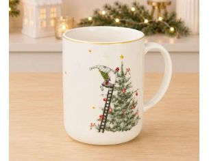 Grande tasse porcelaine blanche lutin Noël échelle sapin décoré boules rouges étoiles liseré doré 580ml