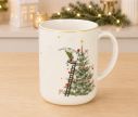Voir la slide Grande tasse porcelaine blanche lutin Noël échelle sapin décoré boules rouges étoiles liseré doré 580ml