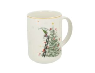 Grande tasse porcelaine blanche lutin Noël échelle sapin décoré boules rouges étoiles liseré doré 580ml