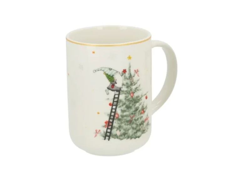 Grande tasse porcelaine blanche lutin Noël échelle sapin décoré boules rouges étoiles liseré doré 580ml