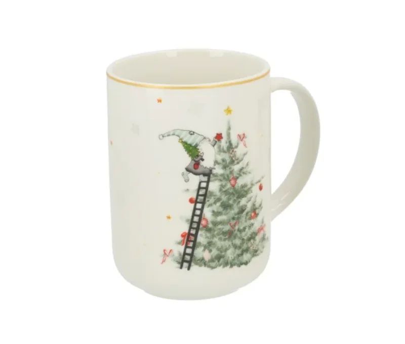 Grande tasse porcelaine blanche lutin Noël échelle sapin décoré boules rouges étoiles liseré doré 580ml