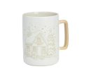 Voir la slide Mug porcelaine blanc mat illustration dorée gravée chalet enneigé sapin cadeaux étoiles flocons anse dorée Noël 450ml