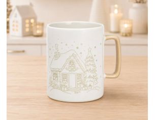 Mug porcelaine blanc mat illustration dorée gravée chalet enneigé sapin cadeaux étoiles flocons anse dorée Noël 450ml
