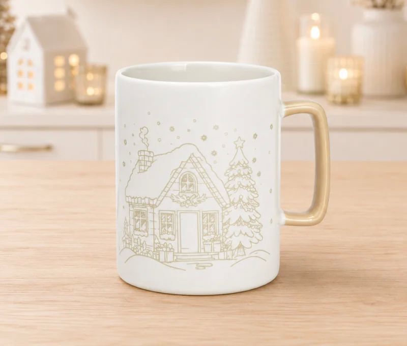 Mug porcelaine blanc mat illustration dorée gravée chalet enneigé sapin cadeaux étoiles flocons anse dorée Noël 450ml