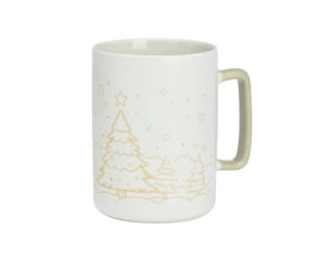 Mug porcelaine blanc mat illustration dorée gravée forêt sapins enneigés étoile flocons anse verte Noël 450ml