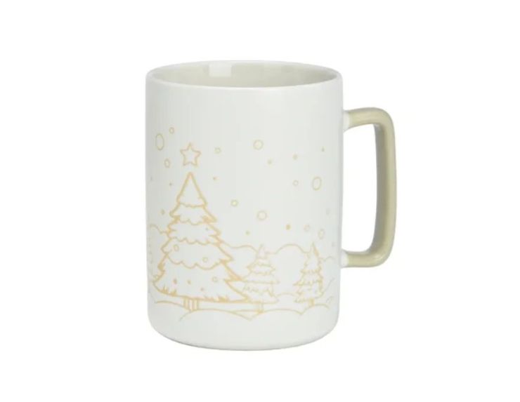 Mug porcelaine blanc mat illustration dorée gravée forêt sapins enneigés étoile flocons anse verte Noël 450ml